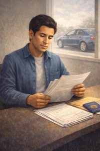 Illustration of an immigrant driver reviewing required documents for auto insurance.