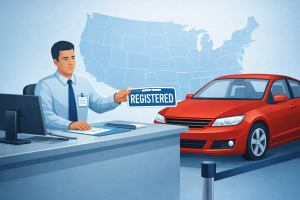 Illustration representing state-level acceptance of auto insurance for vehicle registration.