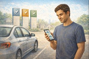 Illustration of a first-time driver choosing an auto insurance provider.