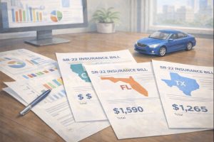A desk with state-specific insurance bills and charts, alongside a small car model, illustrating SR-22 insurance costs per state.