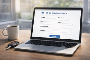 Computer screen showing an online insurance form, with car keys and coffee cup nearby, representing online SR-22 insurance filing.