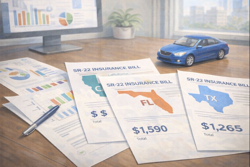 A desk with state-specific insurance bills and charts, alongside a small car model, illustrating SR-22 insurance costs per state.